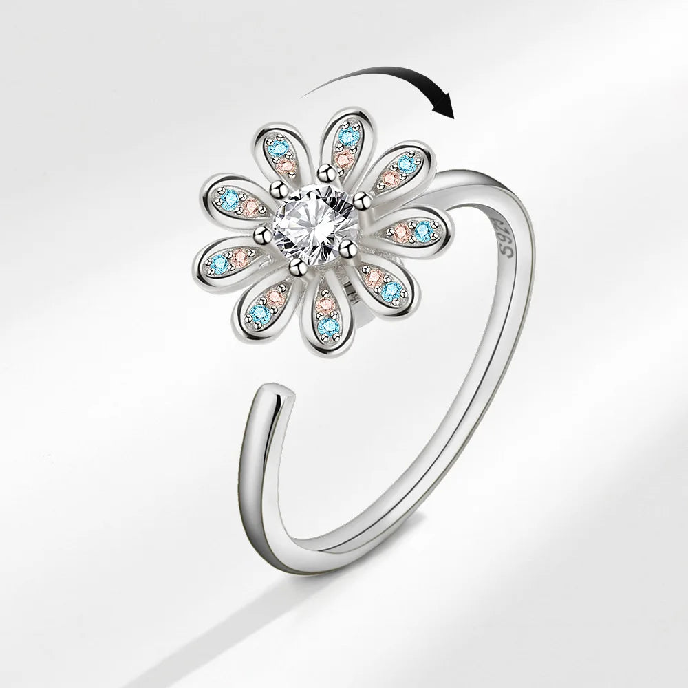 925 Silver Sunflower and Bee Rotating Zircon Ring