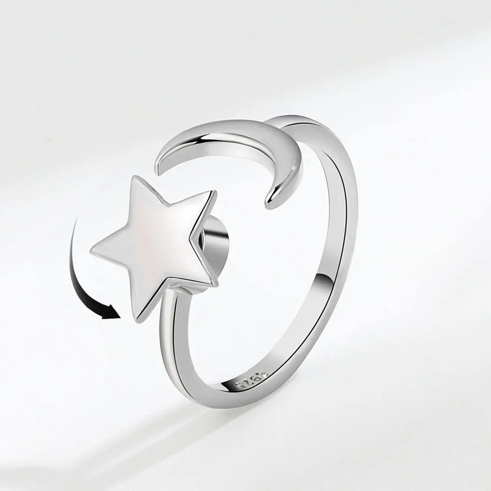 925 Silver Zircon Moon and Star Stress Relief Ring
