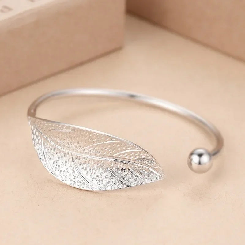 925 Silver Leaf Cuff Bracelet for Women – Adjustable Luxury Bangle