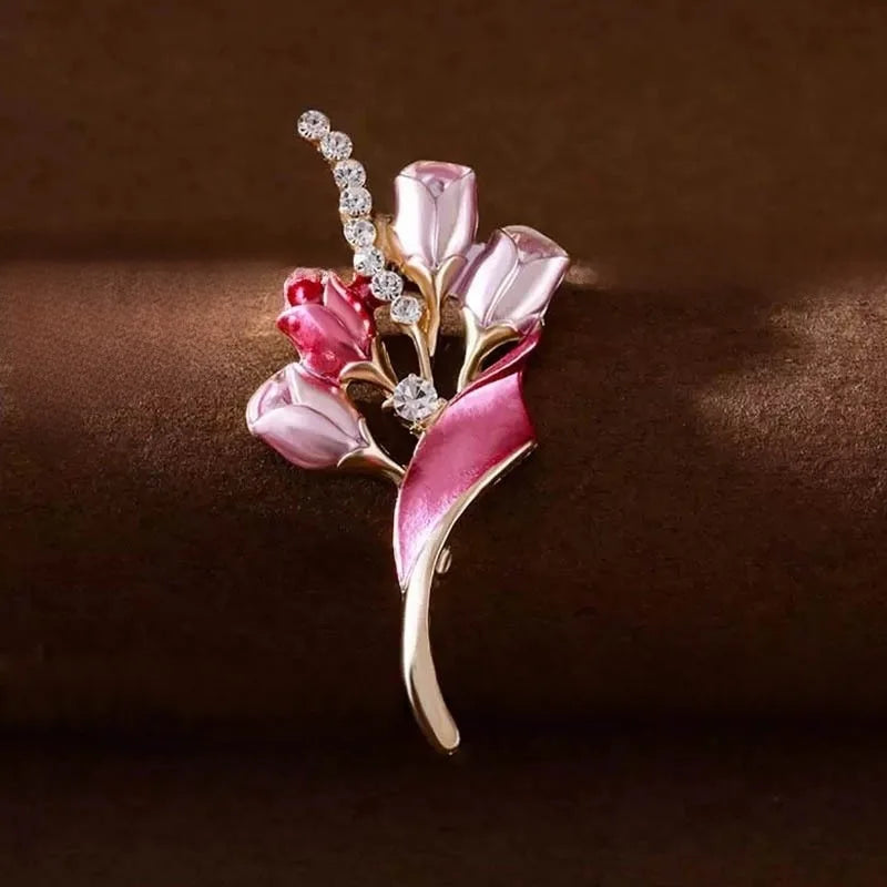 Enamel Tulip Brooch for Ladies – High-End Pearl Flower Pin